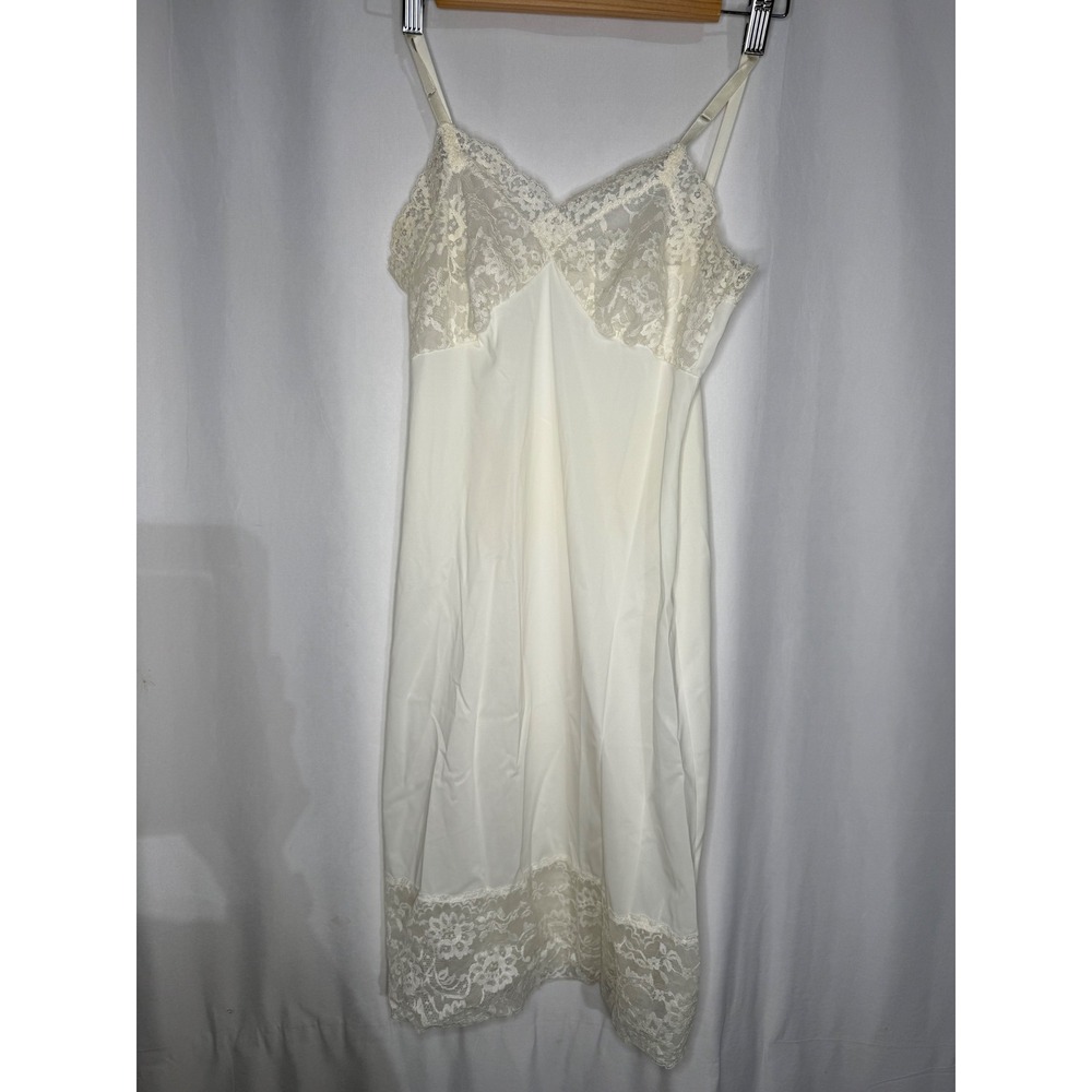 Vintage Van Raalte White Lace Trim Full Slip Nylon Midi Dress Size M 9 USA
